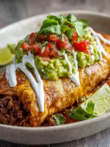 A close-up of a Beef and Cheese Chimichangas, perfectly fried with a crispy golden shell, filled with savory ground beef and melted cheese, topped with fresh salsa and sour cream.
