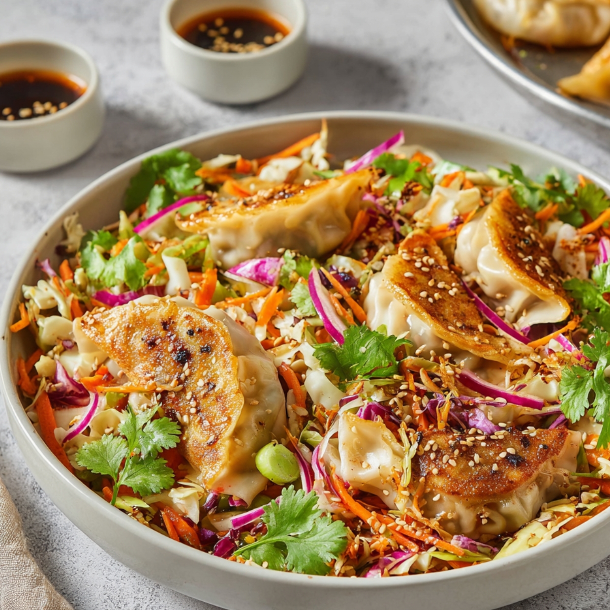 A plate of vibrant Dumpling Salad with crispy golden-brown dumplings placed on top of a colorful mix of cabbage, carrots, and fresh cilantro, garnished with sesame seeds and served with dipping sauce.