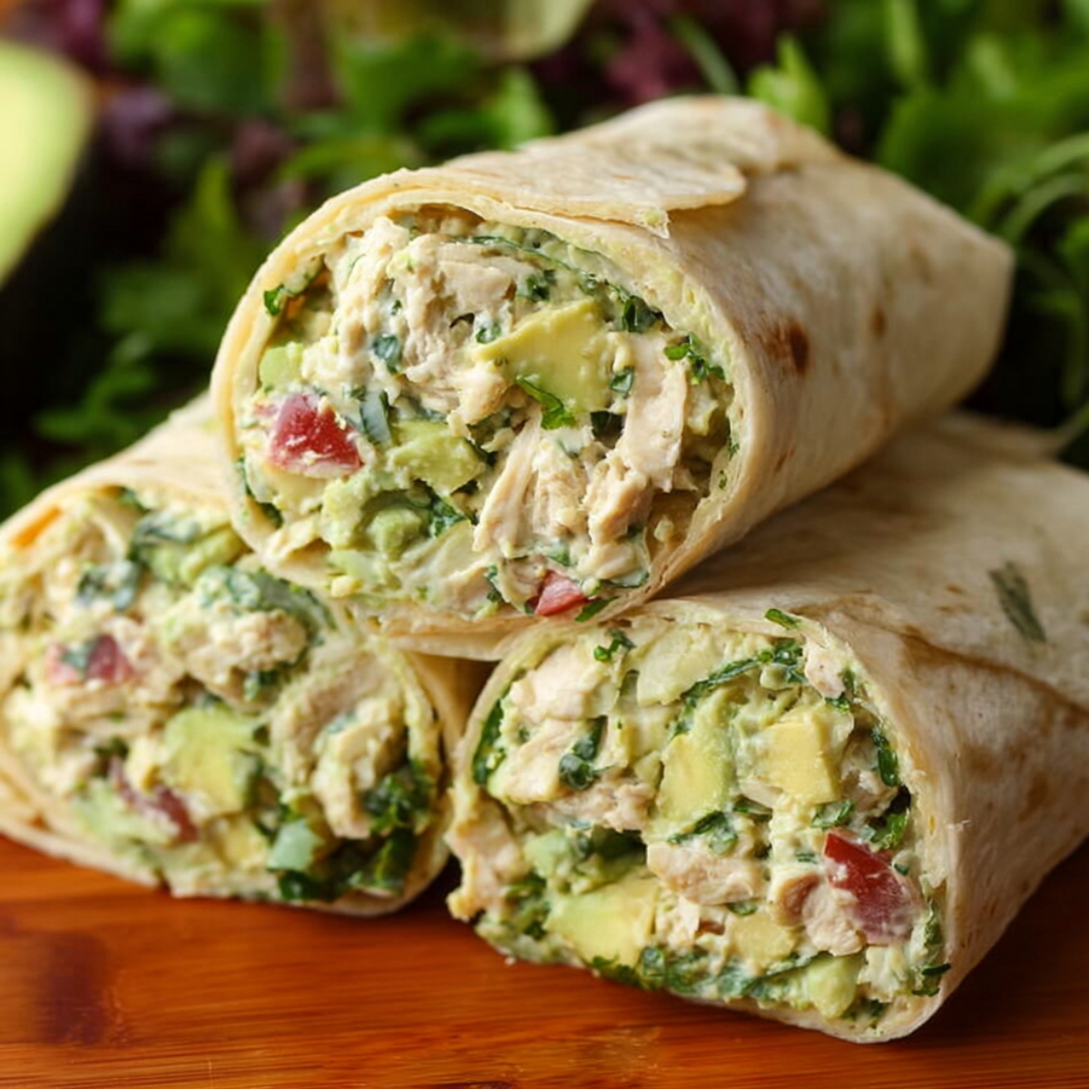 A close-up of chicken and avocado wraps, sliced to show the creamy filling made of shredded chicken, avocado, and fresh vegetables, wrapped in soft tortillas.