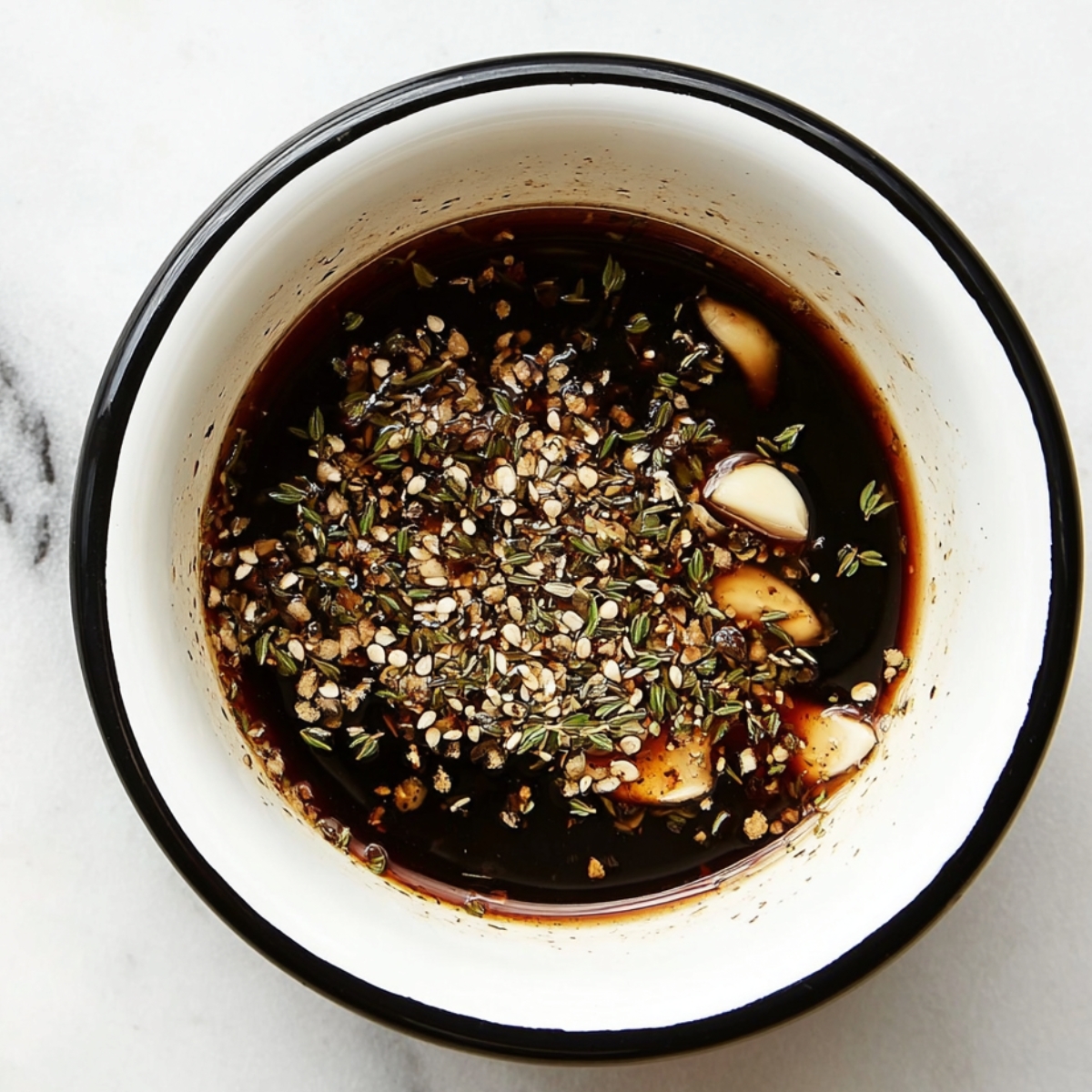 A close-up of a white enamel bowl filled with a marinade made of soy sauce, minced garlic, dried thyme, and various spices.