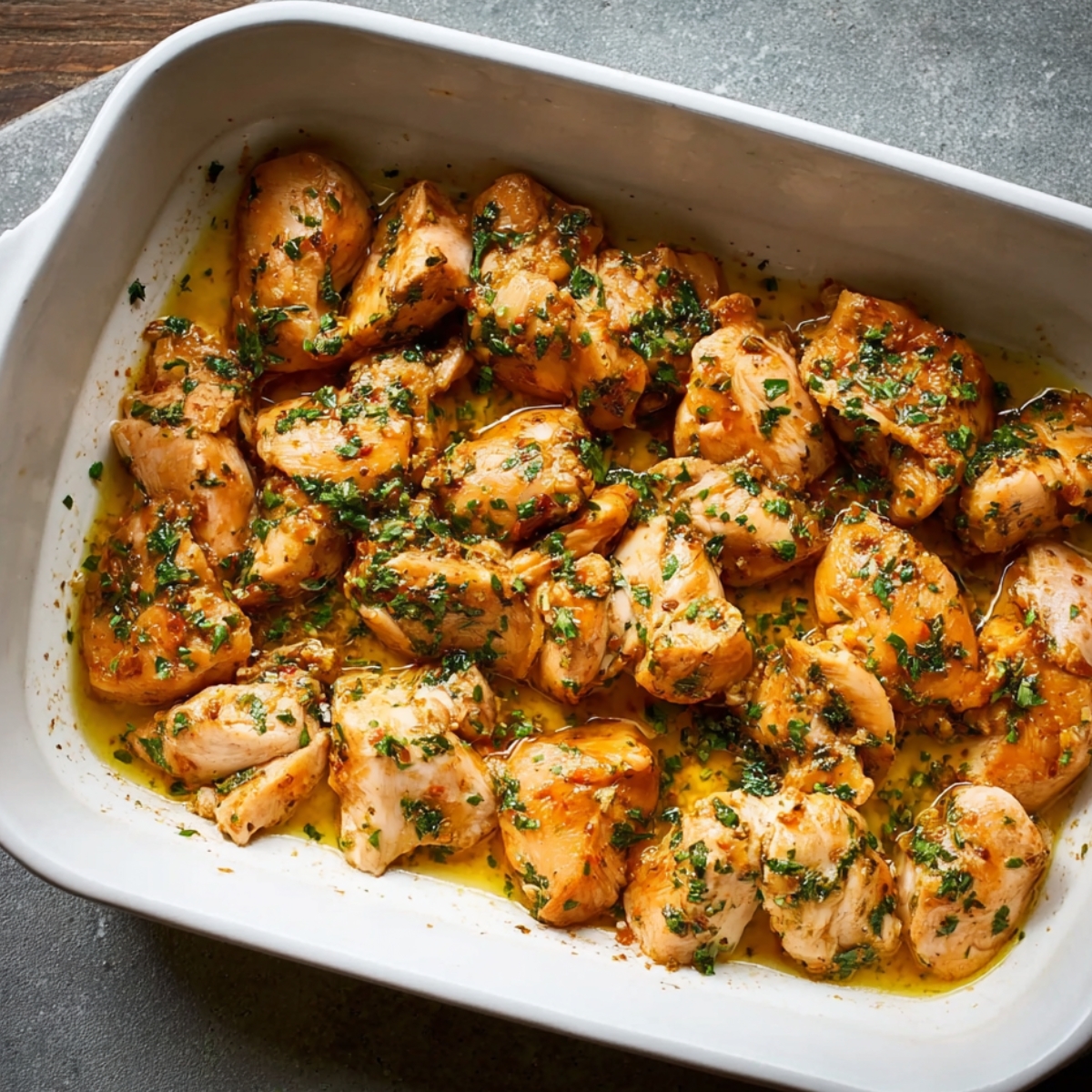 Chunks of marinated chicken coated in herbs and spices, arranged in a baking dish, ready for roasting.