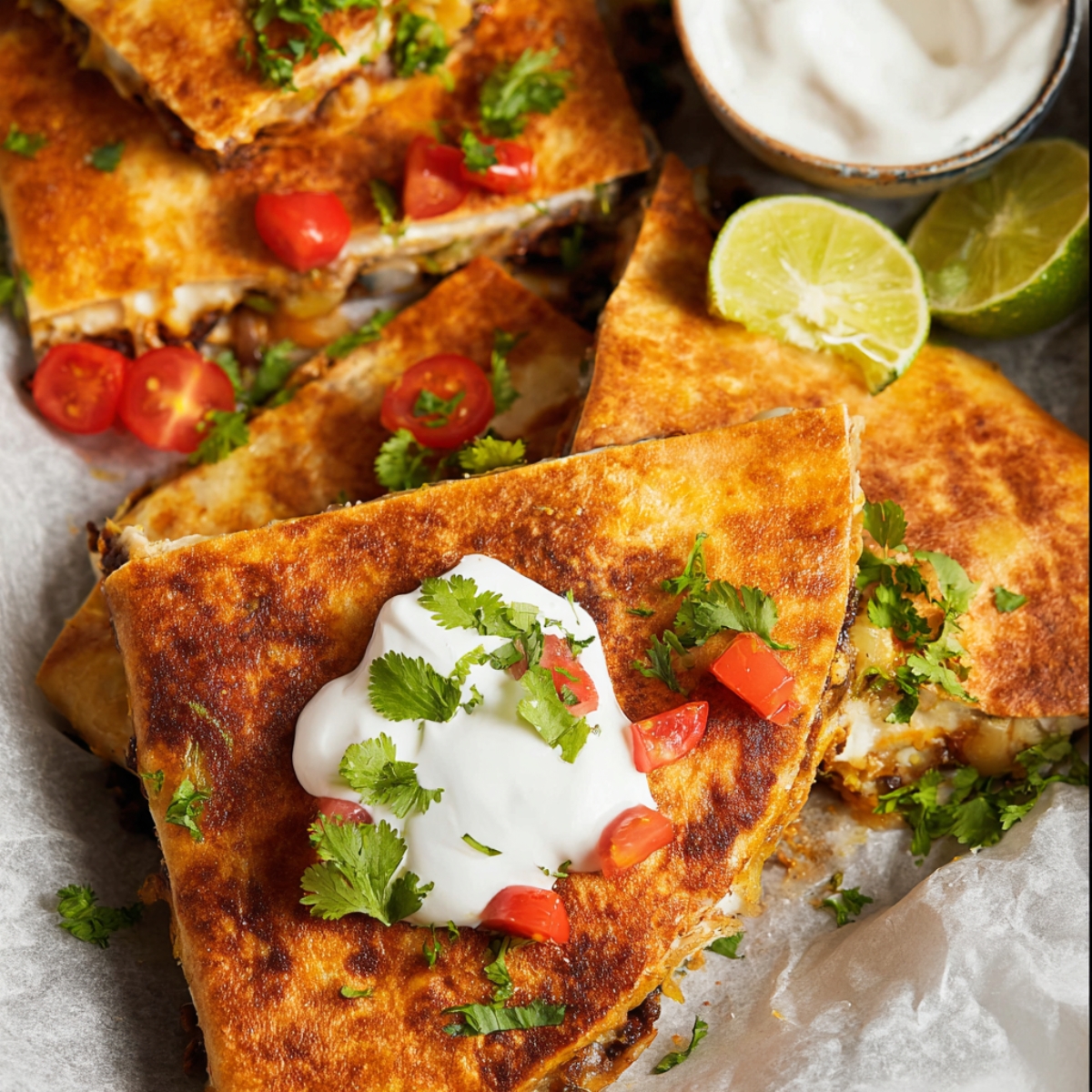 Sheet Pan Crunchwrap with toppings of sour cream, tomatoes, and cilantro placed on top, along with lime wedges.